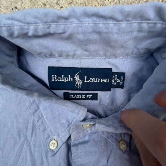 Ralph Lauren Button Up Shirt Cotton Size 16 32/33 Solid Blue Classic Fit L/S - Picture 5 of 9